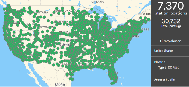 Map of the United States showing electric vehicle charging stations. 7,370 station locations. 30,732 FVSF ports. 